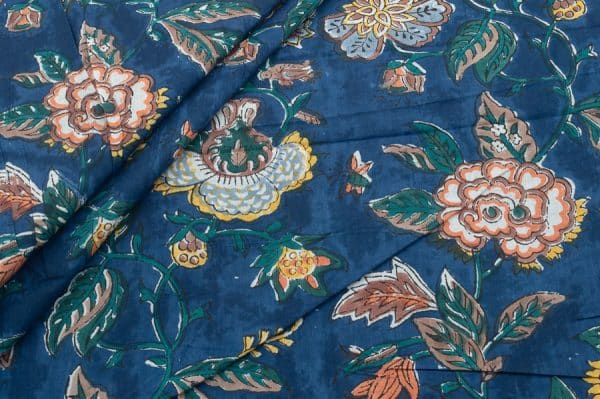 Pre-Cut 1.10m Indigo Blue Floral Handblock Printed 100% Pure Soft Cotton Fabric