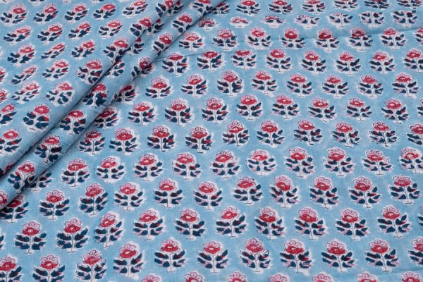 Light Sky Blue Floral Handblock Printed 100% Pure Soft Cotton Fabric