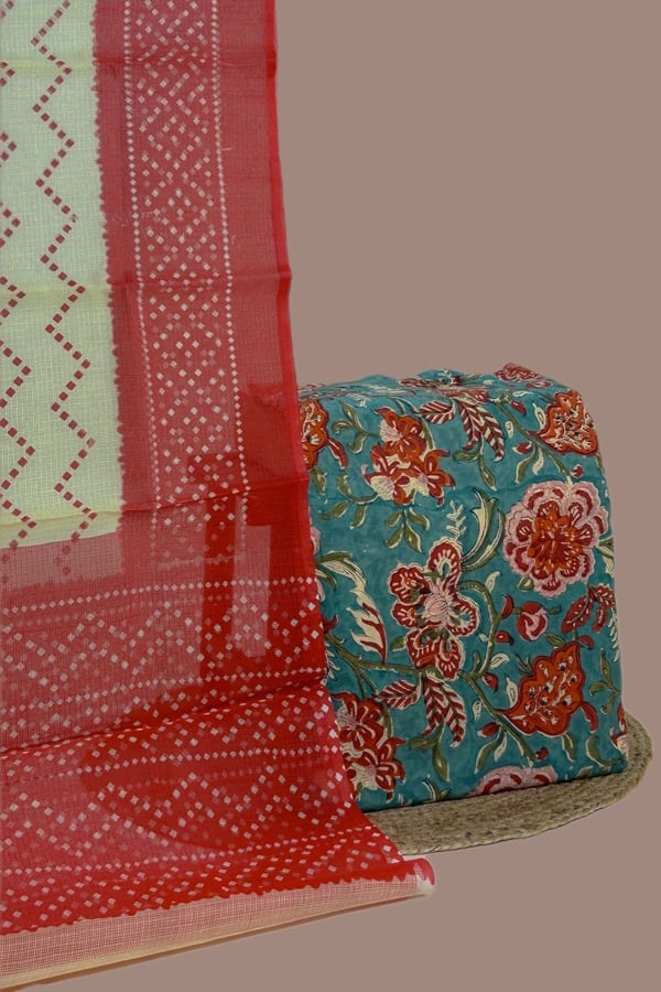2pc Kota Doria Dupatta and Pure Soft Cotton Blockprint Top Fabric Set
