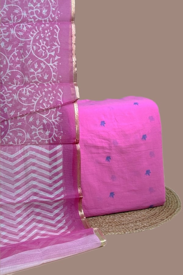 2pc Kota Doria Dupatta and Handloom Woven Motif Flowy Soft Cotton Top Fabric Set