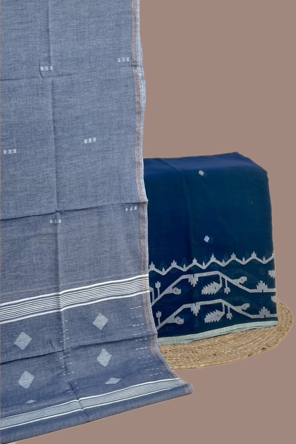 2pc Handloom Cotton Dupatta and Jamdani Intricate Woven Border Top Fabric Set