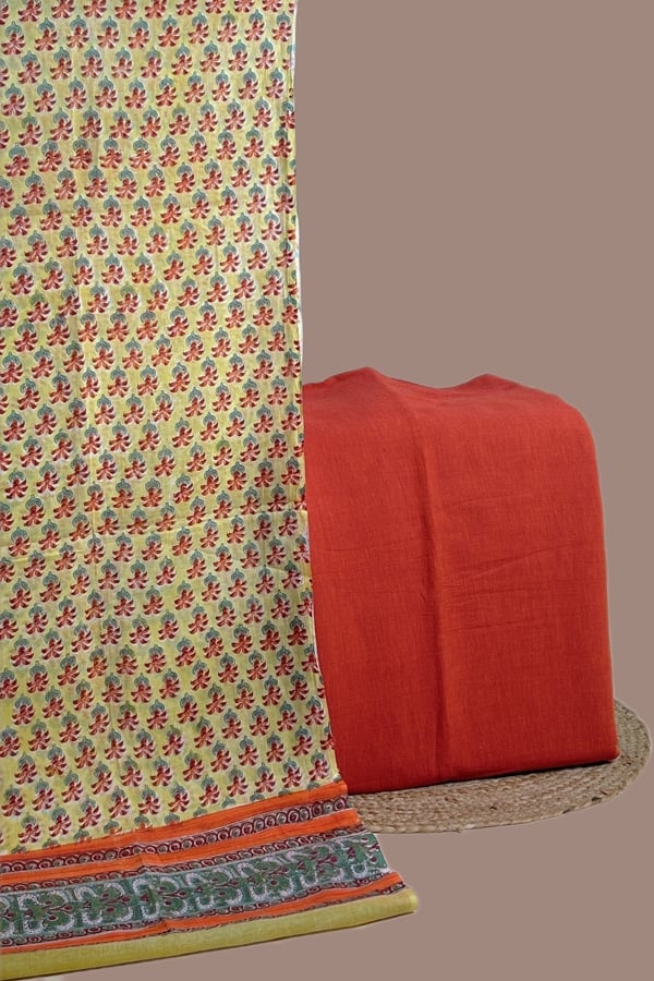 2Pc Blockprint Cotton Dupatta and Handloom Soft Cotton Top Fabric Set