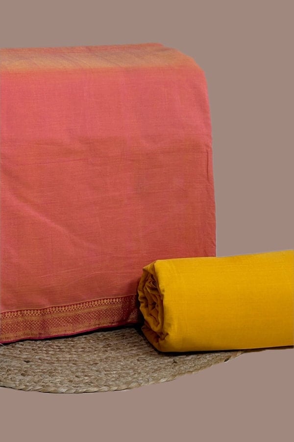 2pc Mangalgiri Zari Border Top and Handloom Soft Cotton Bottom Fabric Set