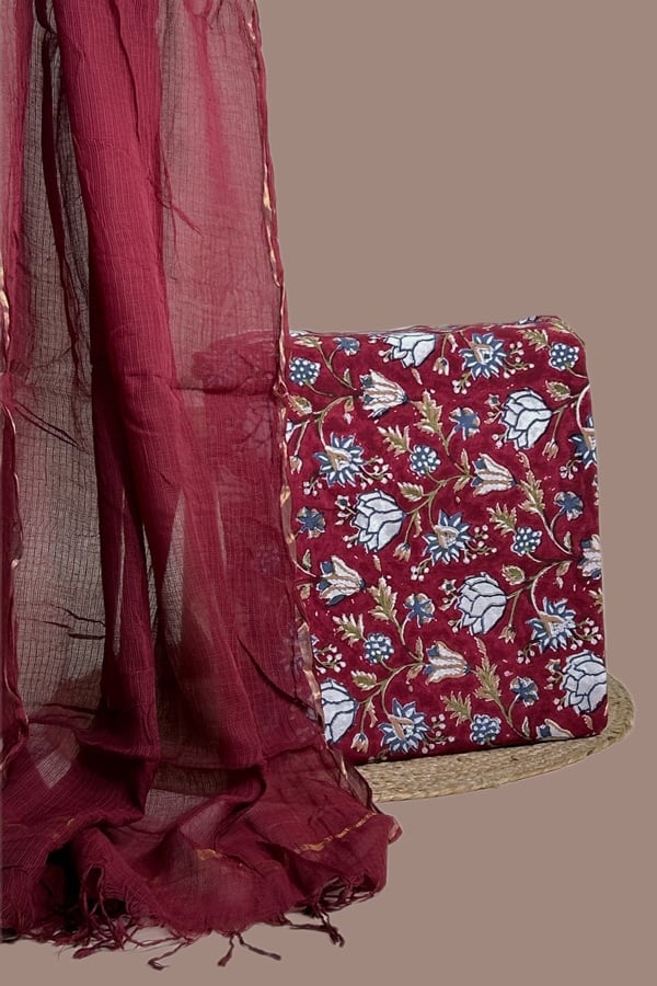 2pc Kota Doria Dupatta and Pure Soft Cotton Blockprint Top Fabric Set