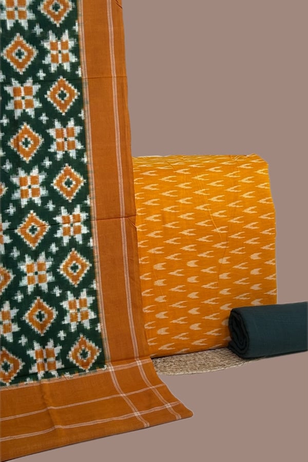 3pc Ikkat Cotton Dupatta with Soft Ikkat Top And Handloom Soft Cotton Bottom Set