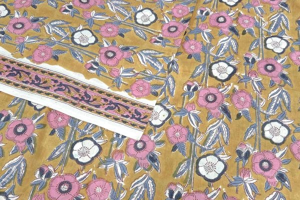 Corn Yellow Floral Handblock Printed 100% Pure Soft Cotton Fabric