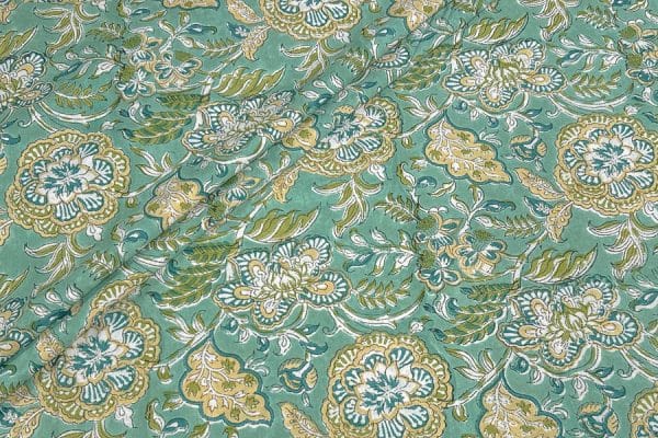 Vridian Green Floral Handblock Printed 100% Pure Soft Cotton Fabric