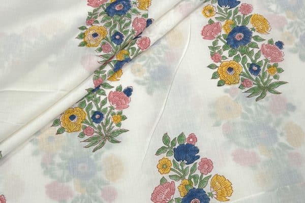 White Floral Handblock Printed 100% Pure Soft Cotton Fabric