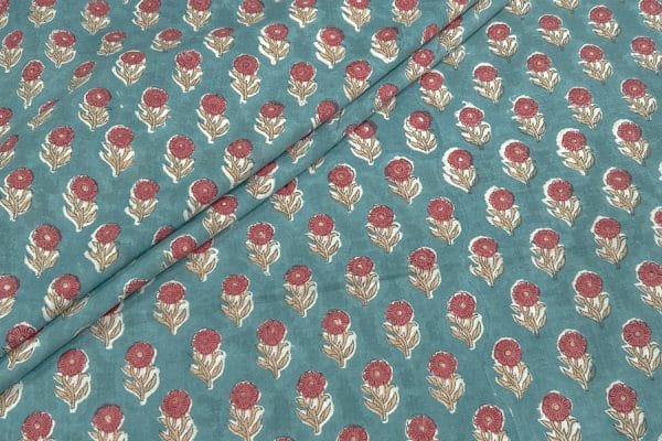 Teal Blue Floral Handblock Printed 100% Pure Soft Cotton Fabric