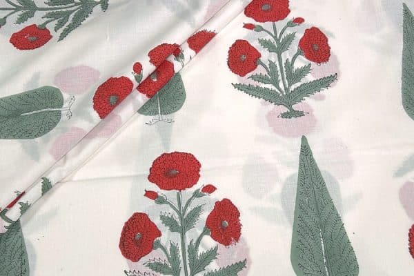 Pre-Cut 2.20m White Floral Handblock Printed 100% Pure Soft Cotton Fabric