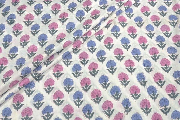 Pre-Cut 2m White Floral Handblock Printed 100% Pure Soft Cotton Fabric