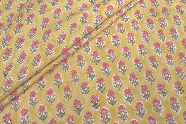 Pre-cut 1.20m Daisy Yellow Floral Handblock Printed 100% Pure Soft Cotton Fabric