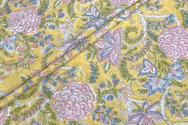 Pre-Cut 0.90m Custard Yellow Floral Handblock Printed 100% Pure Soft Cotton Fabric