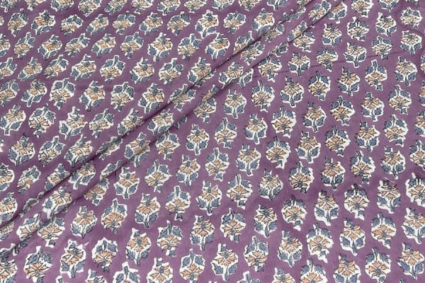Pre-Cut 2.30m Mauve Purple Floral Handblock Printed 100% Pure Soft Cotton Fabric