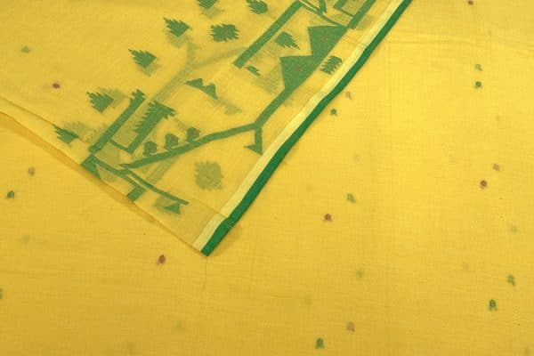 Lemon Yellow Handloom Intricate Border Flowy HandLoom Pure Soft Cotton Fabric