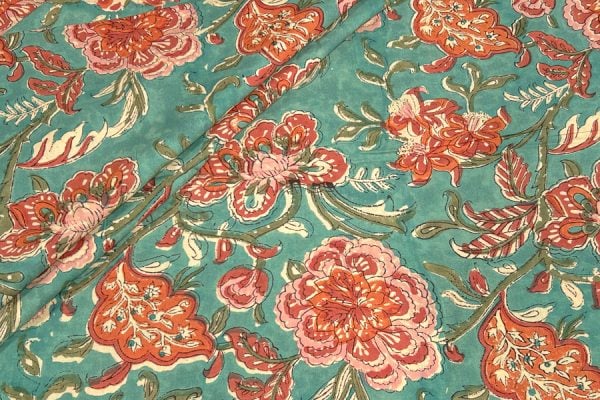 Jade Green Floral Handblock Printed 100% Pure Soft Cotton Fabric