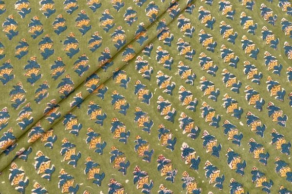 Pre-Cut 2.20m Sap Green Floral Handblock Printed 100% Pure Soft Cotton Fabric