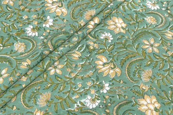 Vridian Green Floral Handblock Printed 100% Pure Soft Cotton Fabric