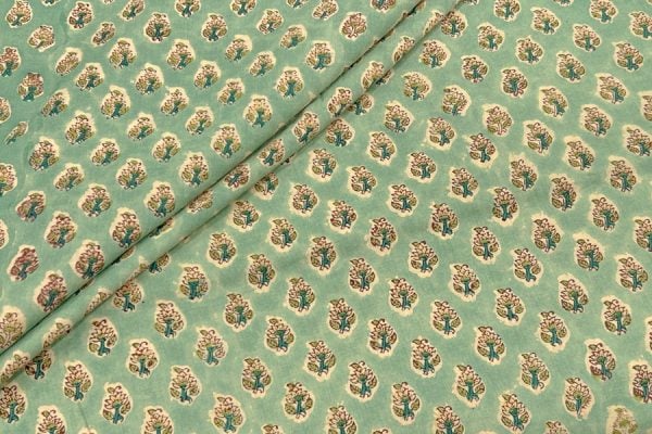 Tea Green Floral Handblock Printed 100% Pure Soft Cotton Fabric