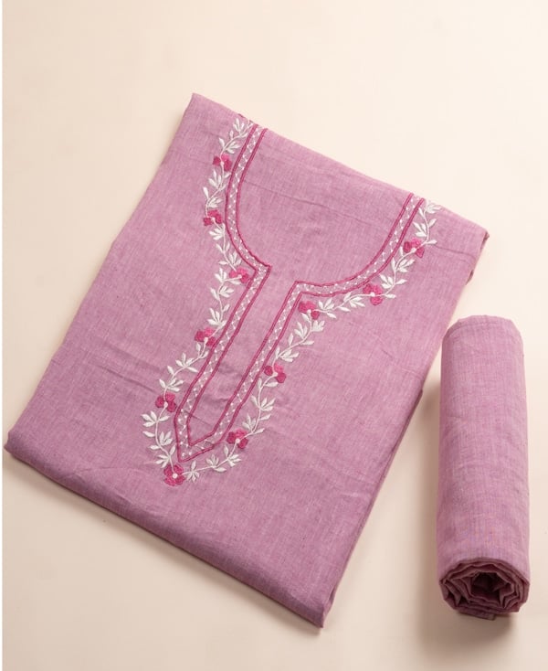 2Pc Set (3mt Top + 2.5mt Bottom) Handloom Embroidered Neck Design Soft Cotton Top(3m) Bottom(2.5m) Fabric Set