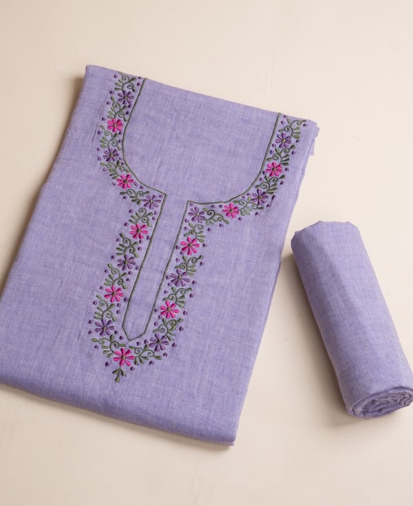 2Pc Handloom Embroidered Neck Design Soft Cotton Top(3m) Bottom(2.5m) Fabric Set