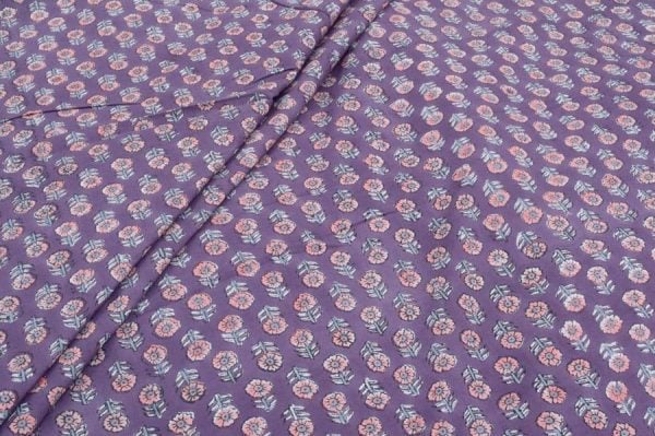 Pre-Cut 0.85m Northwestern Purple Floral Handblock Printed 100% Pure Soft Cotton Fabric