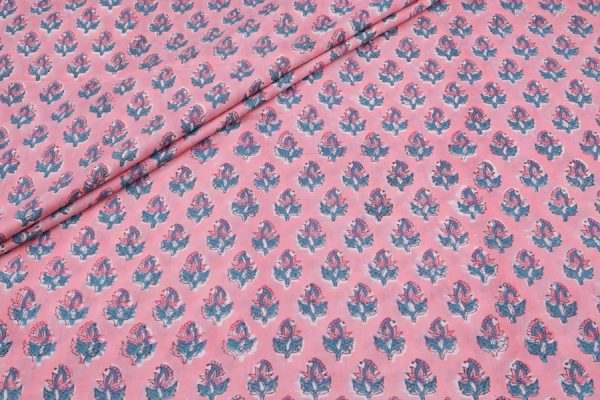 Cherry Blossom Pink Floral Handblock Printed 100% Pure Soft Cotton Fabric