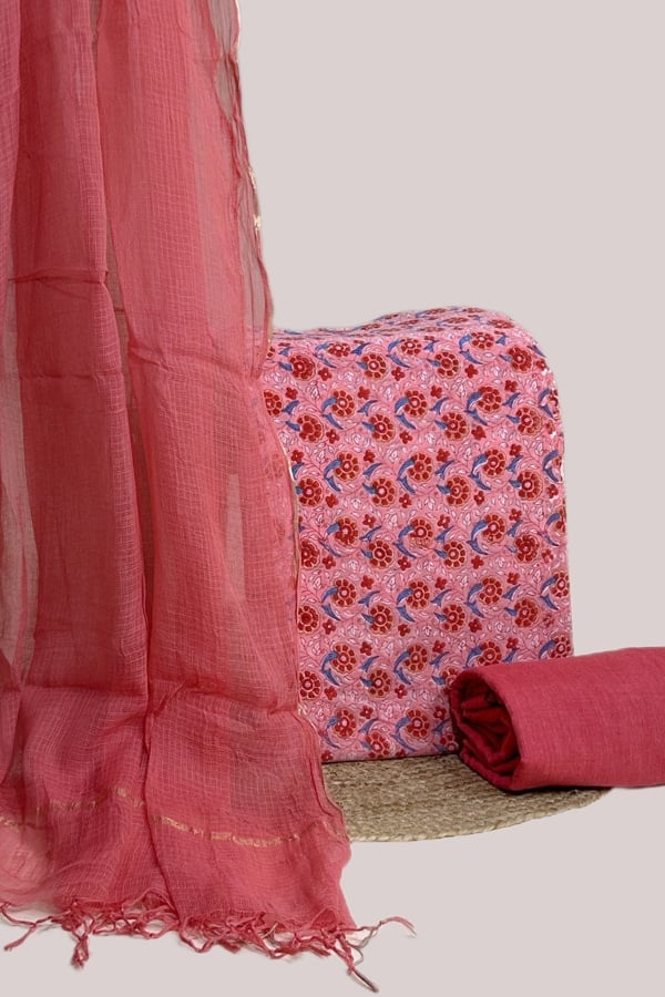 3pc Kota Doria Dupatta with Mul Blockprint Cotton Top & Handloom Bottom Set