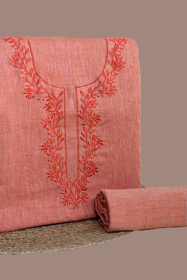 2Pc Handloom Embroidered Neck Design Soft Cotton Top(3m) Bottom(2.5m) Fabric Set