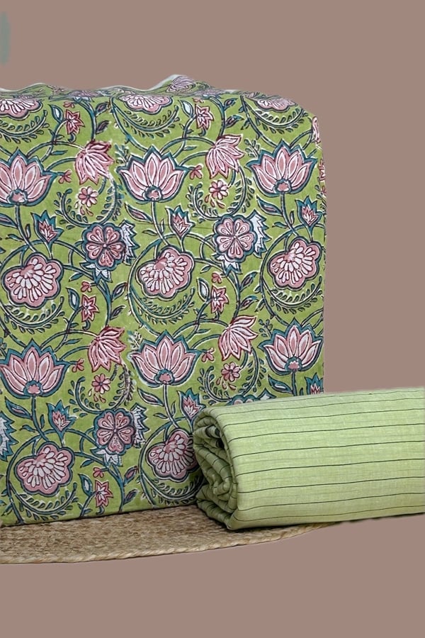 2pc Pure Soft Cotton Top and Handloom Stripe Cotton Bottom Fabric Set