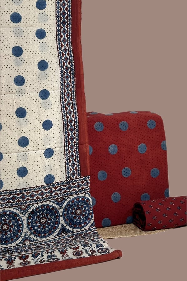 3pc Ajrakh HandCrafted Dupatta with Top Bottom Soft Cotton Fabric Set