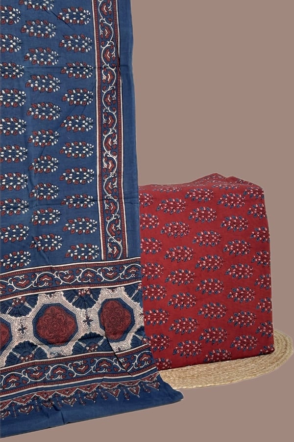 2pc Ajrakh HandCrafted Cotton Dupatta and Top Cotton Fabric Set