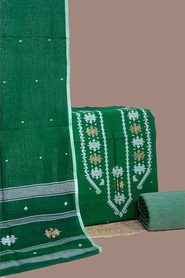 3Pc (3mtr Top) Handloom Woven Neck Design Soft Cotton Top(3m) Bottom(2.5m) Fabric Set