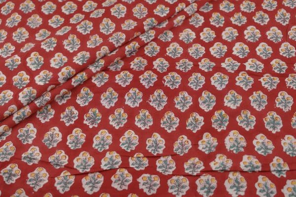 Pre-Cut 1.70 Rich Red Floral Handblock Printed 100% Pure Soft Cotton Fabric