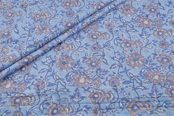 Ice Blue Floral Handblock Printed 100% Pure Soft Cotton Fabric