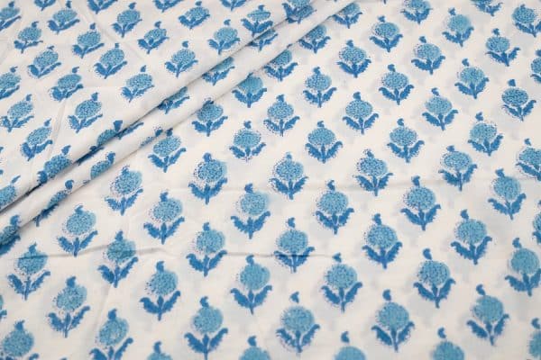 Pre-Cut 1.95m White Floral Handblock Printed 100% Pure Soft Cotton Fabric