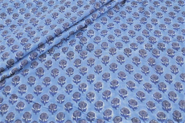Pre-Cut 1.85m Ice Blue Floral Handblock Printed 100% Pure Soft Cotton Fabric