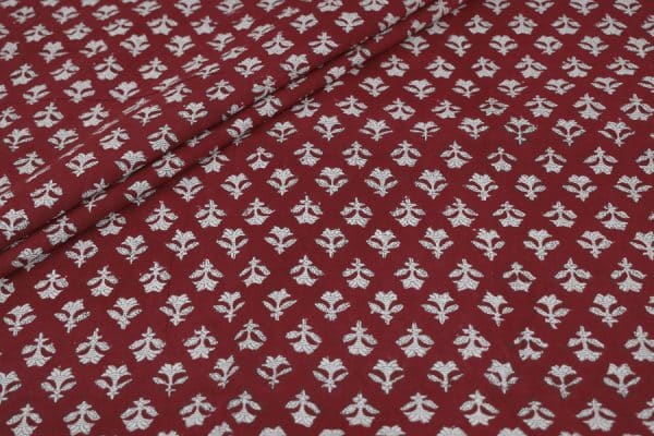 Rosewood Red Floral Handblock Printed 100% Pure Soft Cotton Fabric