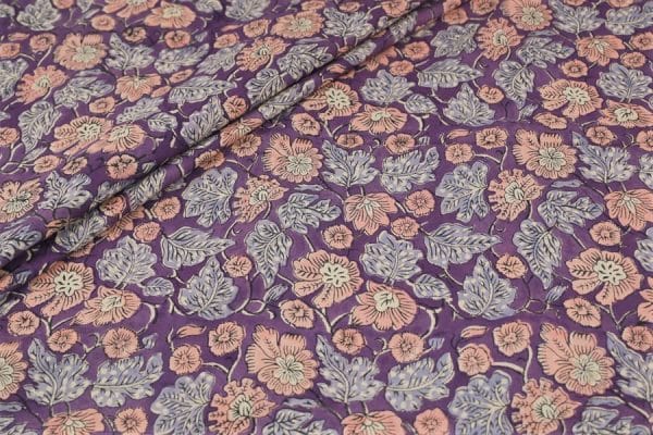 English Violet Floral Handblock Printed 100% Pure Soft Cotton Fabric