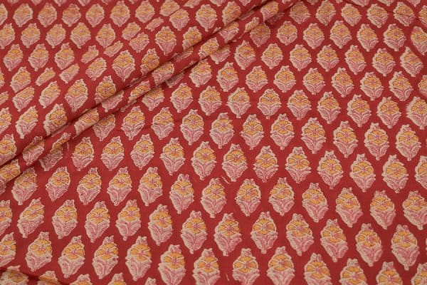 Auburn Red Floral Handblock Printed 100% Pure Soft Cotton Fabric
