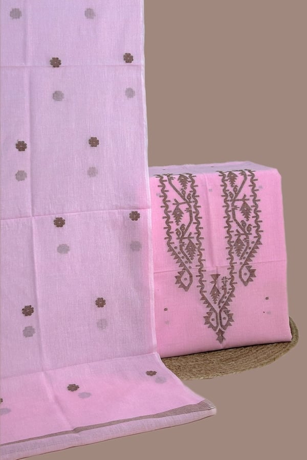 2pc (3mtr Top) Handloom Cotton Dupatta and Jamdani Intricate Woven Border Top Fabric Set