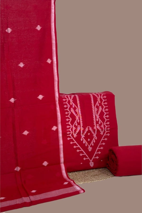 3Pc (3mtr Top) Handloom Woven Neck Design Soft Cotton Top(3m) Bottom(2.5m) Fabric Set