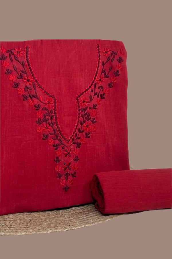 2Pc (3mtr Top) Handloom Embroidered Neck Design Soft Cotton Top(3m) Bottom(2.5m) Fabric Set