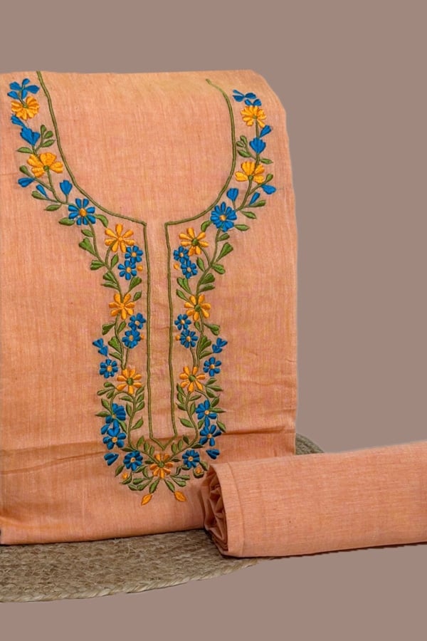 2Pc (3mtr Top) Handloom Embroidered Neck Design Soft Cotton Top(3m) Bottom(2.5m) Fabric Set