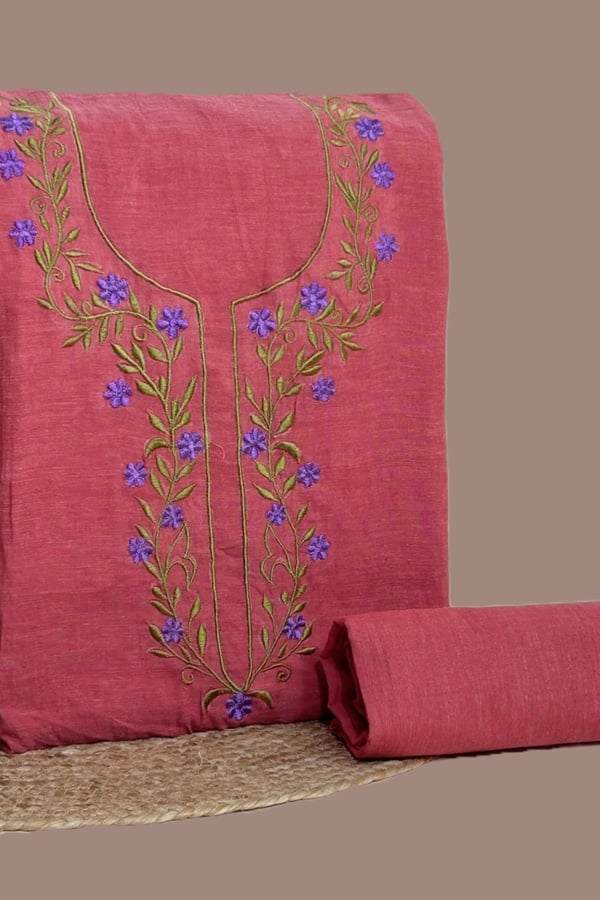 2Pc (3mtr Top) Handloom Embroidered Neck Design Soft Cotton Top(3m) Bottom(2.5m) Fabric Set