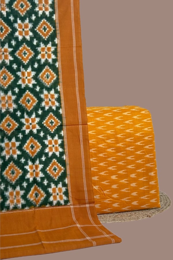 2pc Teliya Intricate Ikkat Cotton Dupatta and Handloom Soft Ikkat Cotton Top Fabric Set