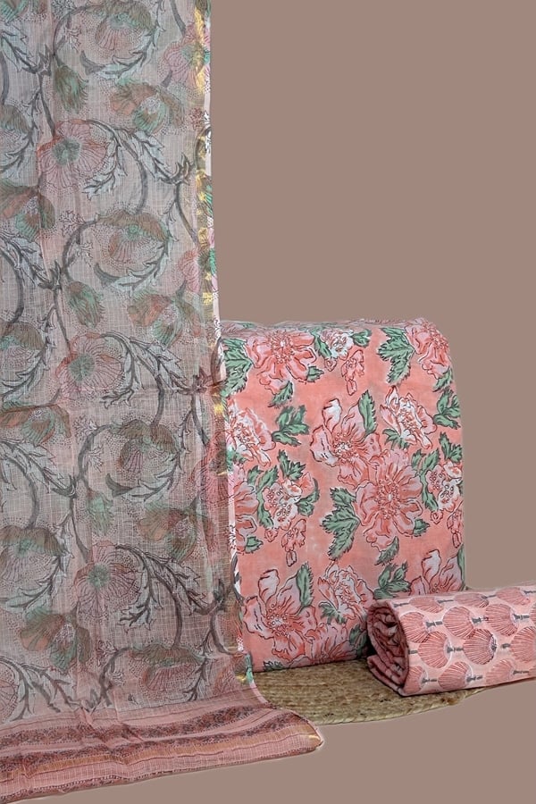 3pc Kota Doria Dupatta with Pure Soft Cotton Top & Bottom Set