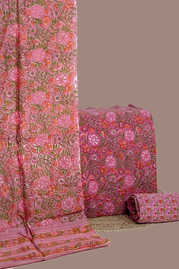 3Pc Chanderi Silk Dupatta with Pure Soft Cotton Top & Bottom Fabric Set