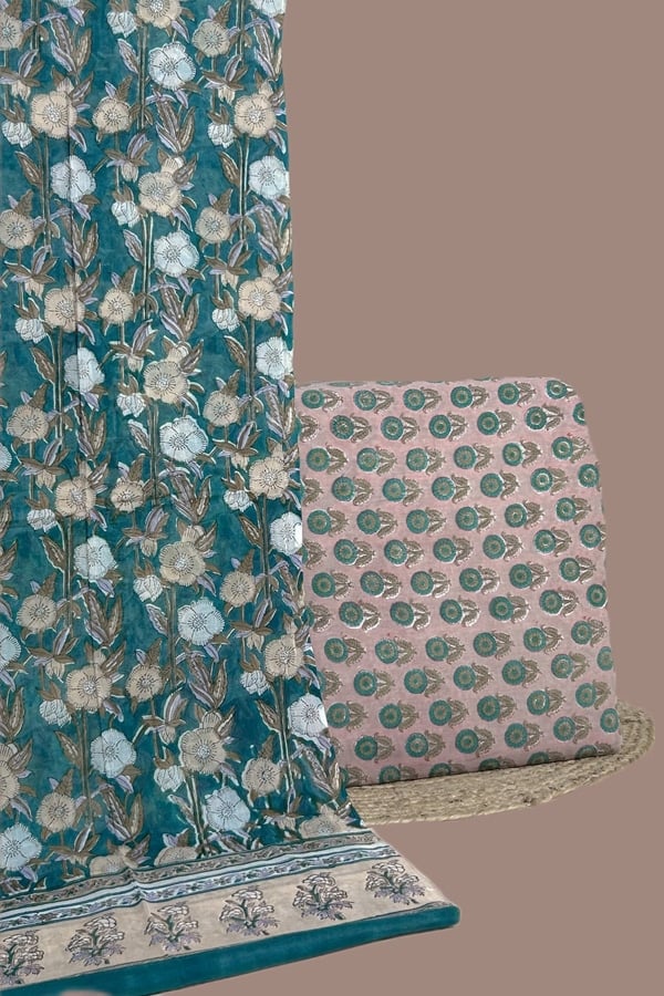 2pc Blockprinted Cotton Dupatta and Pure Soft Cotton Top Fabric Set