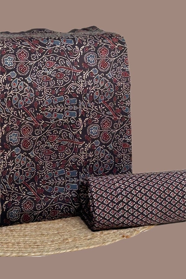 2pc Ajrakh Premium Chanderi Silk Blockprinted Top and Bottom Fabric Set